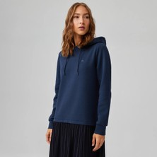 Kadın Loose Fit Uzun Kollu Kapüşonlu Baskılı Lacivert Elbise