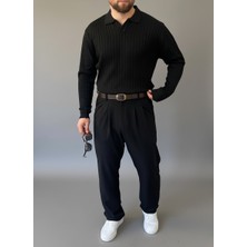 Alex Rosen Siyah Hemşire Yaka Triko Fitilli Kazak