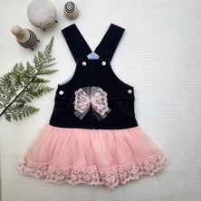 Moda Şahsenem 2-3-4 Yaş Fiyonklu Düğme Detaylı Tül Etek Kot Kumaş Salopet Kız Çocuk Elbisesi Siyah-Pudra