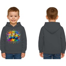 Sedirli Unisex Mınıons Baskılı Çocuk Swaetshirt  Baskılı Kapüşonlu 3 Iplik Şardonlu
