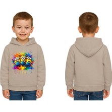 Sedirli Unisex Mınıons Baskılı Çocuk Swaetshirt  Baskılı Kapüşonlu 3 Iplik Şardonlu