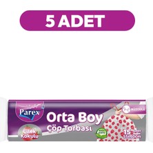Parex Premium Büzgülü Çöp Torbası Çilek Kokulu Orta Boy 15'li 55 x 60 cm Beşli Paket