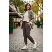 Sy & Black Kadın Çelik Örgü Beli Lastikli ve Bağcıklı Geniş Beden Aralıklı Jogger Pantolon 25P-03 Füme