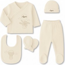 Tesbihname Tavşan Desenli Isme Özel Nakışlı Krem 5 Li Yenidoğan Hastane Çıkış Bebek Takımı