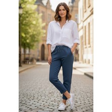 Sy & Black Kadın Çelik Örgü Beli Lastikli ve Bağcıklı Geniş Beden Aralıklı Jogger Pantolon 25P-03 Petrol