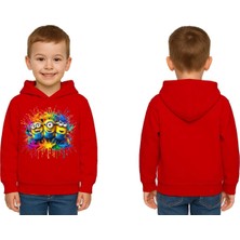 Sedirli Unisex Mınıons Baskılı Çocuk Swaetshirt  Baskılı Kapüşonlu 3 Iplik Şardonlu