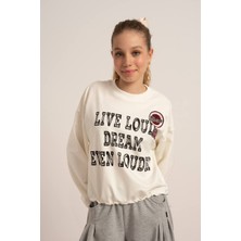 Loco Loco 09-15 Yaş Kız Çocuk 2 Iplik Yazı Baskılı Sweat - Ekru-Siyah