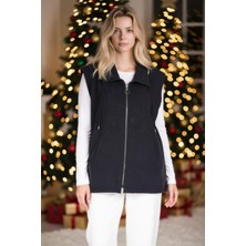 Seviliko Kadın Büyük Beden Yaka Ip Detaylı Çift Cepli Fermuarlı Uzun Pamuk Yelek