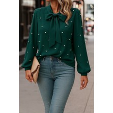 Bosel Kadın Uzun Kollu Yakadan Fiyonklu Incili Ithal Krep Bluz