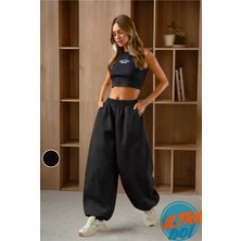 BSBSPOR Kalın Kışlık Bol Tarz Eşofman Altı Şardonlu Kadın Erkek Gri / Siyah