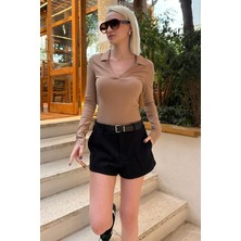 Madmext Bej Polo Yaka Fitilli Kadın Body MG2566