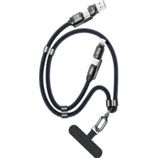Bix 240W Usb-A ve Usb-C ve Lightning Çok Fonksiyonlu Askı Ipli Premium Örgü 1.5 Metre Yüksek Hızlı Şarj ve Veri Kablosu Mavi