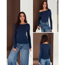 Elaxi Kadın Kayık Yaka Parmak Geçmeli Uzun Kollu Full Likralı Pamuk Viskon Buzzy Body Tişort