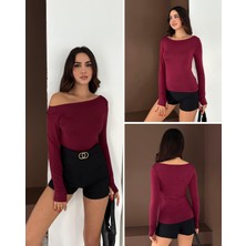 Elaxi Kadın Kayık Yaka Parmak Geçmeli Uzun Kollu Full Likralı Pamuk Viskon Buzzy Body Tişort