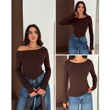 Elaxi Kadın Kayık Yaka Parmak Geçmeli Uzun Kollu Full Likralı Pamuk Viskon Buzzy Body Tişort