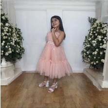 Tüllü Pul Işlemeli Kısa Kız Çocuk Abiye Elbise 5-10 Yaş