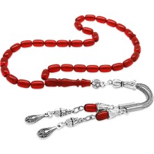 Tesbihname Ateş Kehribar Tesbih - Kararmaz Metal Damla Püsküllü - Bayrak Kırmızı - Mini Boy - Kapsül Kesim