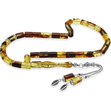 Tesbihname Fosilli Beyrut Kehribar Tesbih - 925 Ayar Gümüş Püsküllü - Sarı Siyah - Kesme Kesim