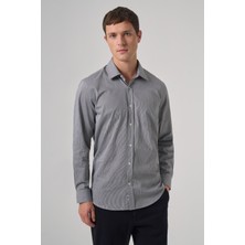 Morven  Erkek Siyah Pamuk Trend Çizgili Regular Fit Sert Yaka Gömlek