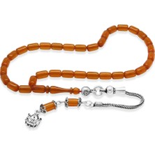 Tesbihname Ateş Kehribar Tesbih - 925 Ayar Gümüş Püsküllü - Mini Boy - Gün Batımı - Kapsül Kesim