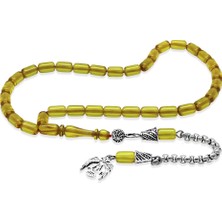 Tesbihname Ateş Kehribar Tesbih - Kararmaz Metal Püsküllü - Sarı Renk - Mini Boy - Kapsül Kesim