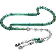 Tesbihname Ateş Kehribar Tesbih - Kararmaz Metal Damla Püsküllü - Su Yeşili - Mini Boy - Kesme Kesim