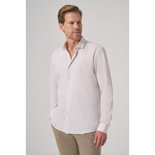 Morven  Erkek Bej Pamuk Trend Çizgili Slim Fit Yarım Italyan Yaka Gömlek