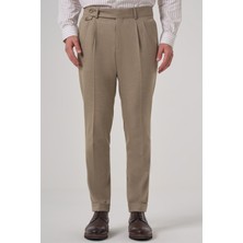 Morven  Erkek Bej Poliviskon Trend Desenli Slim Fit Çift Pile Pantolon