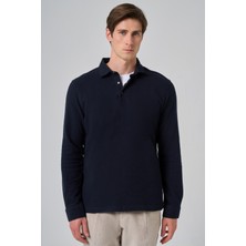 Morven  Erkek Lacivert Pamuk Trend Ağaç Kabuğu Desen Dinamik Fit Polo Yaka Sweat-Shirt