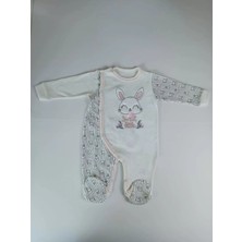 Moda Şahsenem 0-3 3-6 Ay Minik Tavşan Nakışlı Boydan Çıtçıt Kapamalı Kız Erkek Bebek Tulumu Ekru