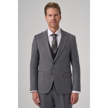 Morven  Erkek Siyah Poliviskon Trend Desenli Slim Fit Yelekli Kombinli Takım Elbise