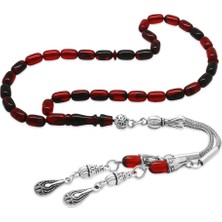 Tesbihname Ateş Kehribar Tesbih - Kararmaz Metal Damla Püsküllü - Kırmızı Siyah - Mini Boy - Kapsül Kesim