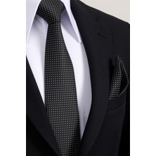 Esgue 8 cm Klasik Geniş Hand Made Siyah - Beyaz Nokta Desen Mendilli Kravat
