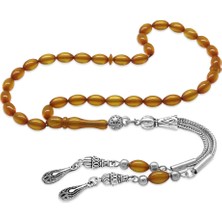 Tesbihname Ateş Kehribar Tesbih - Kararmaz Metal Damla Püsküllü - Bal Rengi - Mini Boy - Arpa Kesim