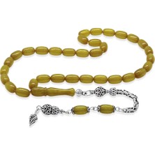 Tesbihname 925 Ayar Gümüş Kral Zincir Püsküllü Özel Kesim Sedefli Sarı Ateş Kehribar Tesbih