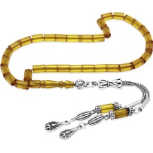 Tesbihname Ateş Kehribar Tesbih - Kararmaz Metal Damla Püsküllü - Soft Sarı Renk - Mini Boy - Kesme Kesim