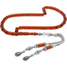 Tesbihname Ateş Kehribar Tesbih - Kararmaz Metal Damla Püsküllü - Kırmızı - Mini Boy - Kesme Kesim