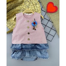 Moda Şahsenem 6-9-12-18 Ay Gül Rozet Detaylı Kot Kilotlu Etek Kız Bebek Elbisesi Gül Kurusu