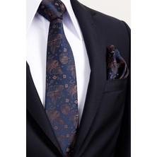 Esgue 8 cm Klasik Geniş Hand Made Lacivert - Kahverengi Çiçek Desen Mendilli Kravat