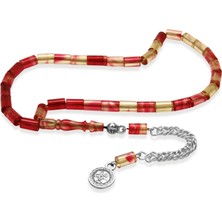 Tesbihname Ateş Kehribar Tesbih - Kararmaz Metal Püsküllü - Mini Boy - Kırmızı Beyaz - Kesme Kesim