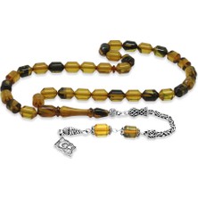 Tesbihname 925 Ayar Gümüş Kral Püsküllü Uçlu Kapsül Kesim Sarı Siyah Ateş Kehribar Tesbih