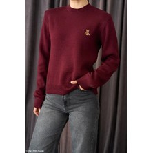 Cemo Işlemeli Teddy Ayıcık Detaylı Kadın Yuvarlak Yaka Örgü Kazak