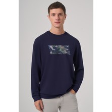 Morven  Erkek Lacivert Trend Baskılı Bisiklet Yaka Sweatshirt