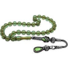 Tesbihname 1000 Ayar Gümüş Kazaz Püsküllü Küre Kesim Su Yeşili Ateş Kehribar Tesbih