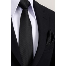 Esgue 8 cm Klasik Geniş Hand Made Siyah Çizgili Desen Mendilli Kravat