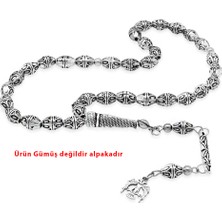 Tesbihname Tasarım Kalem Işçilikli Çift Başlı Kartal Püsküllü Arpa Kesim Oksitli Gümüş Renk Alpaka Tesbih