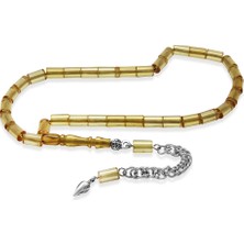 Tesbihname Ateş Kehribar Tesbih - Kararmaz Metal Püsküllü - Mini Boy - Bej Renk - Kesme Kesim