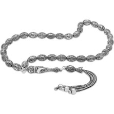 Tesbihname 3 Lü Kamçı Püsküllü Telkari Tasarım Ayyıldız Detaylı Arpa Kesim Eskitme Renk 925 Ayar Gümüş Tesbih