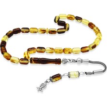 Tesbihname Fosilli Beyrut Kehribar Tesbih - 925 Ayar Gümüş Püsküllü - Mini Boy - Sarı Siyah - Kapsül Kesim