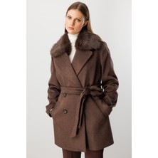 Ekol Kadın Büyük Beden Yakası Kürklü Kaban 6333 Kahverengi